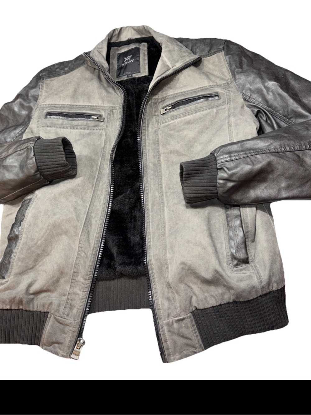 XRAY Jeans Biker GRAY faux Leather Moto Jacket NEW FUR Lined Men’s M Zip Bomber